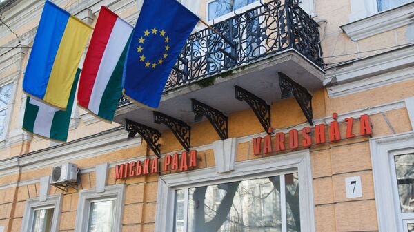 Флаги Венгрии, Украины и Евросоюза в украинском городе Берегово. Архивное фото
