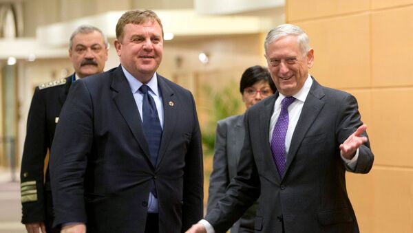 Министры обороны США и Болгарии Джеймс Мэттис и Красимир Каракачанов во время встречи в Брюсселе, Бельгия. 15 февраля 2018