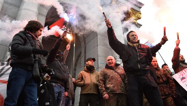 Участники антироссийской акции радикалов в Киеве. 18 февраля 2018
