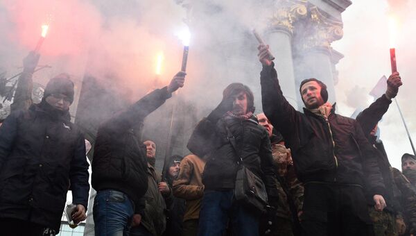 Участники антироссийской акции радикалов в Киеве. 18 февраля 2018