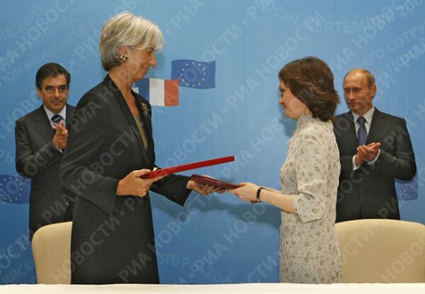 Эльвира Набиуллина и Кристин Лагард во время подписания российско-французских двусторонних соглашений в Сочи