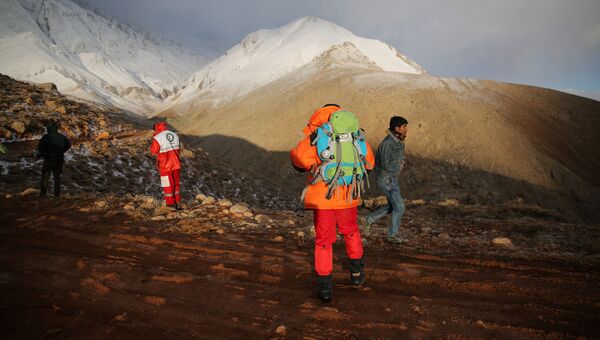 Спасательная команда во время поисков самолета, который разбился в горном районе центрального Ирана. 19 февраля 2018