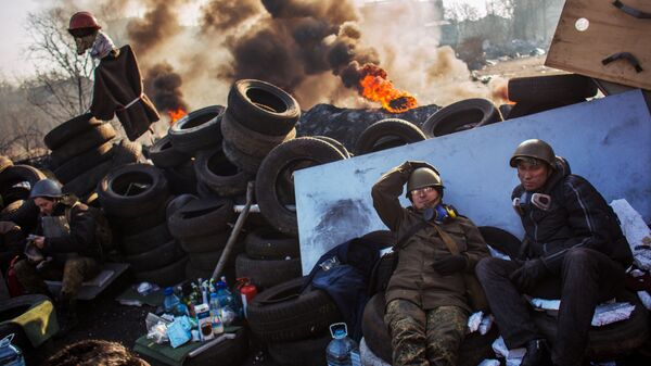 Сторонники радикальной оппозиции на баррикаде Институтской улицы в Киеве. Февраль 2014 