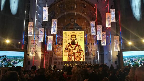 На презентации мозаичного убранства главного купола в белградском храме Cвятого Саввы. 22 февраля 2018