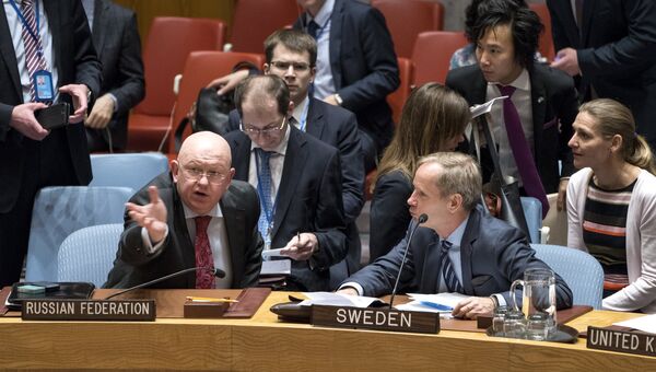 Постпред РФ при ООН Василий Небензя во время заседания Совета Безопасности ООН по вопросу о прекращении огня в Сирии. 24 февраля 2018