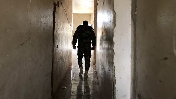 Офицер армии САР на КПП в районе гуманитарного коридора Вафидин в восточном пригороде Дамаска