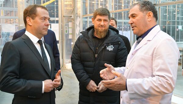 Председатель правительства РФ Дмитрий Медведев и глава Чечни Рамзан Кадыров во время посещения тепличного комплекса ЮгАгроХолдинг в Грозном. 26 февраля 2018