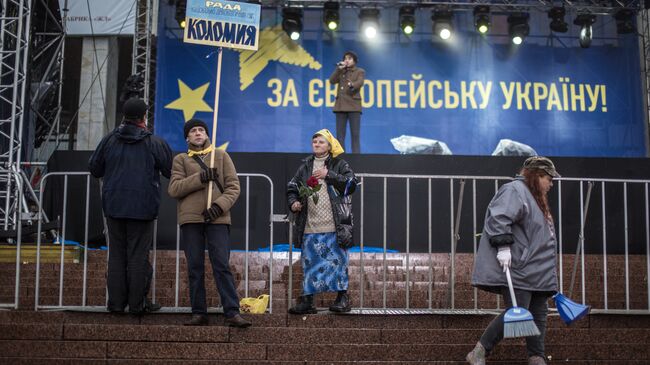 Сторонники евроинтеграции Украины около сцены на Европейской площади в Киеве. 25 января 2013