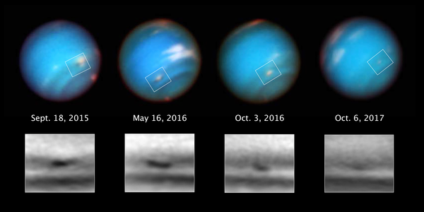 Серия снимков космического телескопа Хаббл за 2 года, отслеживающая исчезающие бури на планете Нептун