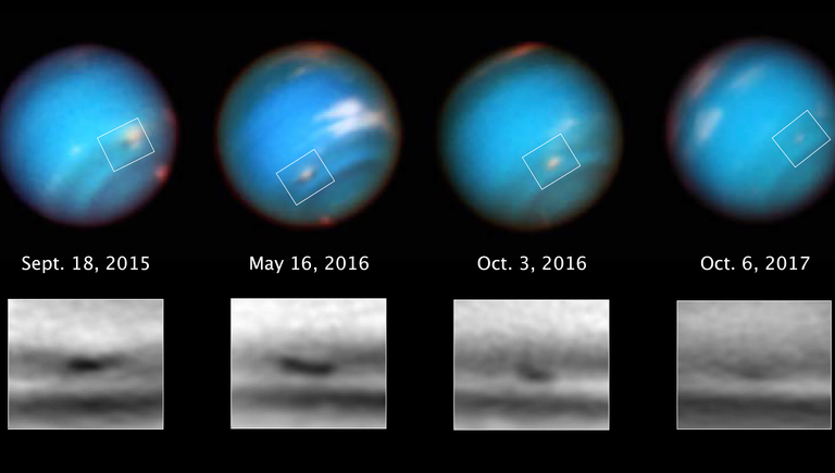 Серия снимков космического телескопа Хаббл за 2 года, отслеживающая исчезающие бури на планете Нептун