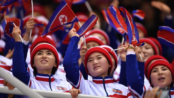 Северокорейские болельщики на трибуне на XXIII зимних Олимпийских играх