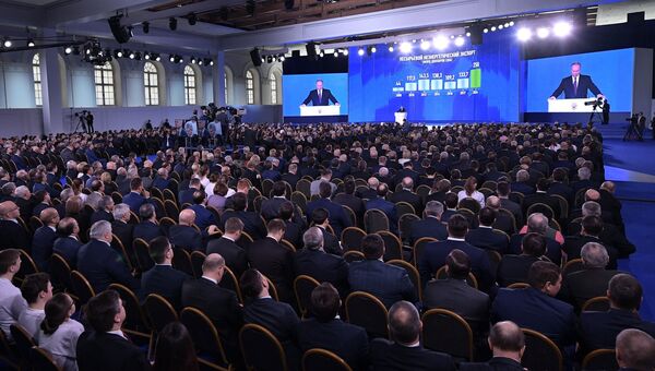 Президент РФ Владимир Путин выступает с ежегодным посланием Федеральному Собранию. 1 марта 2018