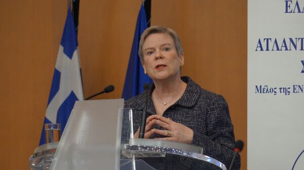 Во время выступления заместителя генерального секретаря НАТО Роуз Гетемюллер. Архивное фото