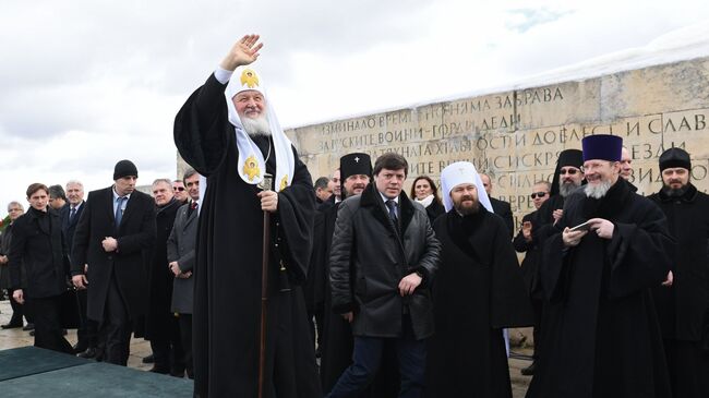 Патриарх Московский и всея Руси Кирилл на торжественной церемонии, посвященной 140-й годовщине освобождения Болгарии от османского ига. 3 марта 2018 года