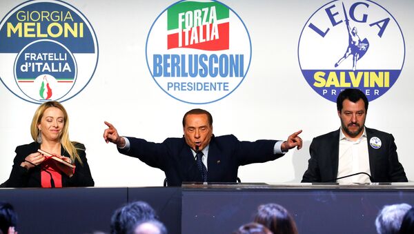 Главы партий Братья Италии, Италия, вперед и Лига во время митинга в Риме. 1 марта 2018
