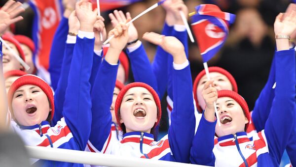 Северокорейские болельщики на трибуне во время XXIII зимних Олимпийских играх в Южной Корее. Архивное фото