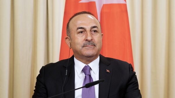 Глава МИД Турции Мевлют Чавушоглу во время пресс-конференции после встречи с Сергеем Лавровым