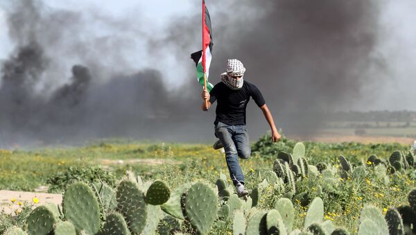 Палестинский демонстрант перебегает через кактусовое поле во время столкновений с израильскими силами на границе между Израилем и Секотором Газа. Архив