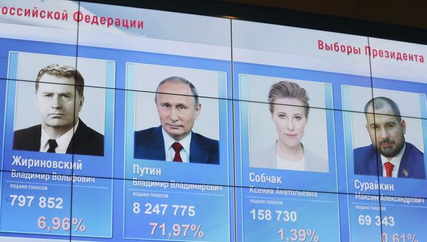 Портреты кандидатов в президенты РФ с данными по голосованию за них на экране в ЦИК РФ. Архивное фото