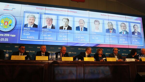 Портреты кандидатов в президенты РФ с данными по голосованию за них на экране в ЦИК РФ