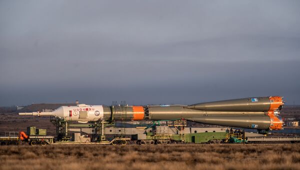 Вывоз ракеты-носителя Союз-ФГ c транспортно-пилотируемым кораблем Союз МС-08 на стартовую площадку космодрома Байконур. Архивное фото