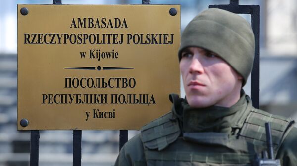 Сотрудник правоохранительных органов Украины во время акции у посольства Польши в Киеве