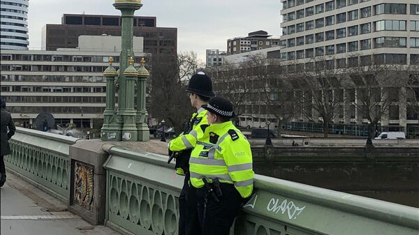Полицейские на Вестминстерском мосту в годовщину трагических событий в Лондоне. 22 марта 2018 