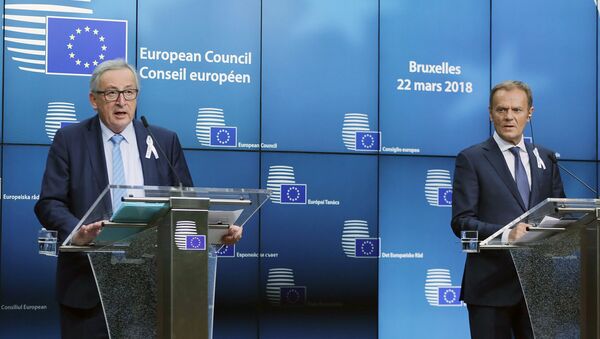 Председатель Европейской комиссии Жан-Клод Юнкер и председатель Европейского совета Дональд Туск на саммите ЕС в Брюсселе. 23 марта 2018