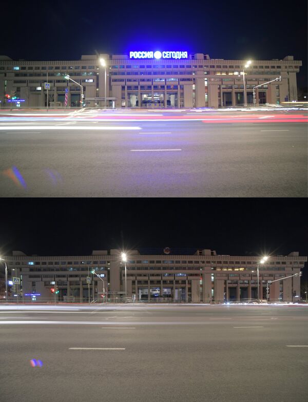 Здание Международного информационного агентства Россия сегодня на Зубовском бульваре до и после отключения подсветки в рамках экологической акции Час Земли