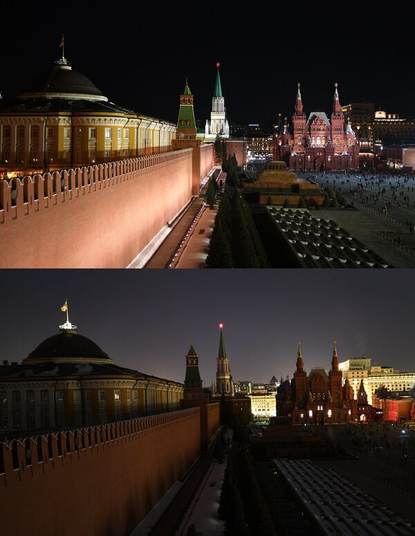 Красная площадь до и после отключения подсветки в рамках экологической акции Час Земли