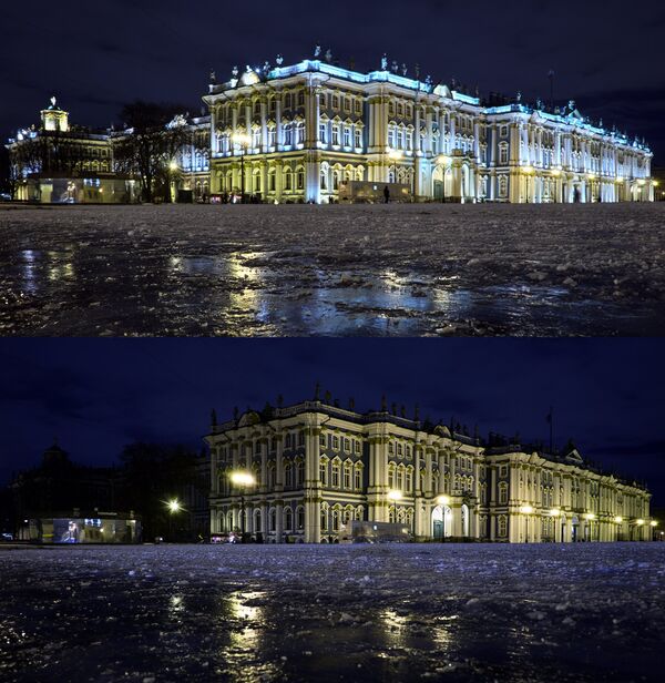 Здание Государственного Эрмитажа в Санкт-Петербурге с подсветкой и во время её отключения в рамках экологической акции Час Земли