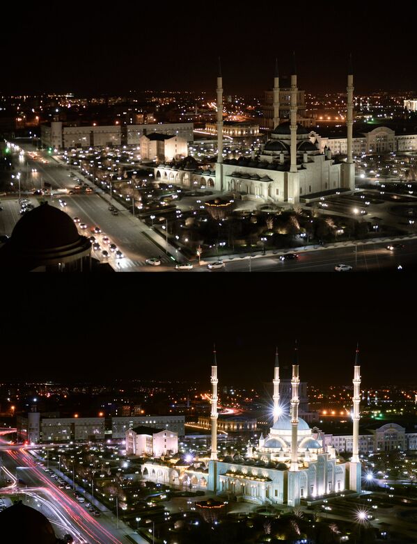 Центральная мечеть им. Ахмата Кадырова Сердце Чечни до и после отключения подсветки в рамках экологической акции Час Земли