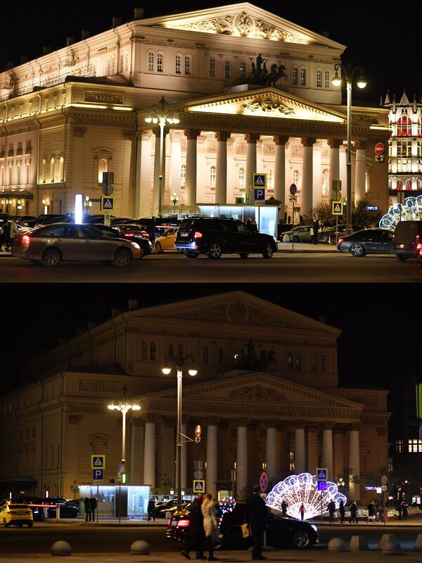 Здание Государственного академического Большого театра до и после отключения подсветки в рамках экологической акции Час Земли