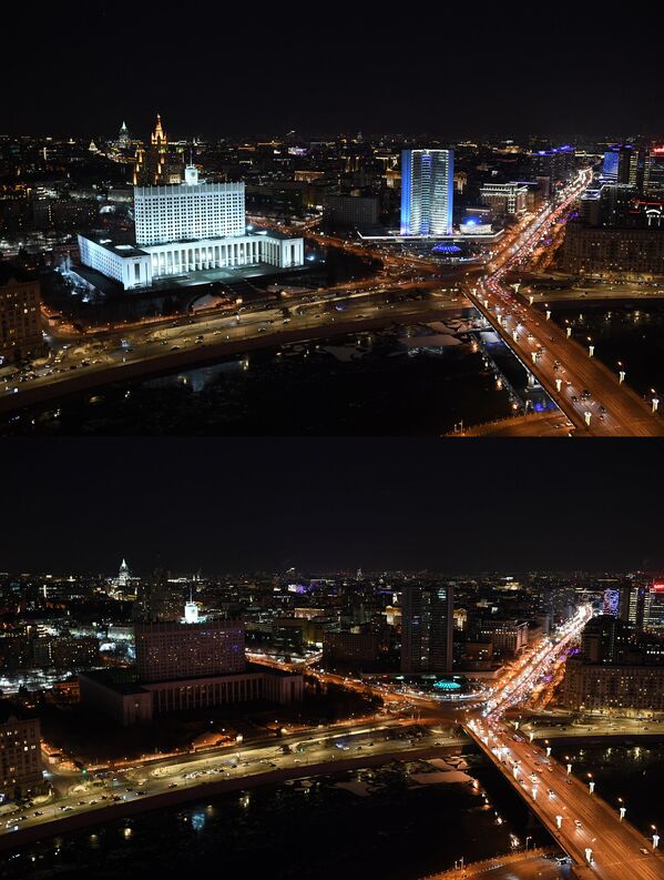 Дом правительства до и после отключения подсветки в рамках экологической акции Час Земли