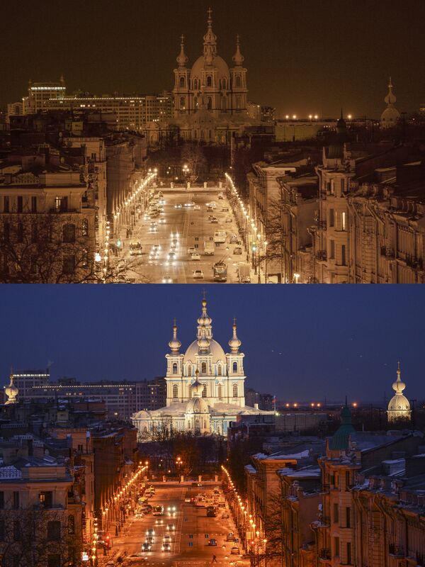 Смольный собор в Санкт-Петербурге до и после отключения подсветки в рамках экологической акции Час Земли