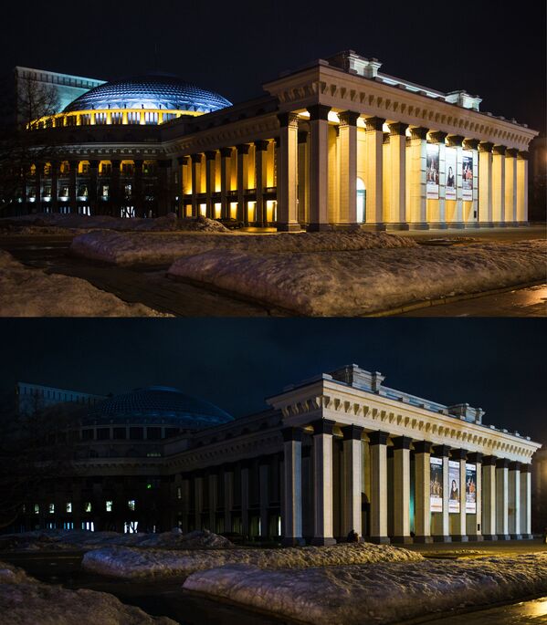 Здание Новосибирского театра оперы и балета с подсветкой и во время ее отключения в рамках экологической акции Час Земли