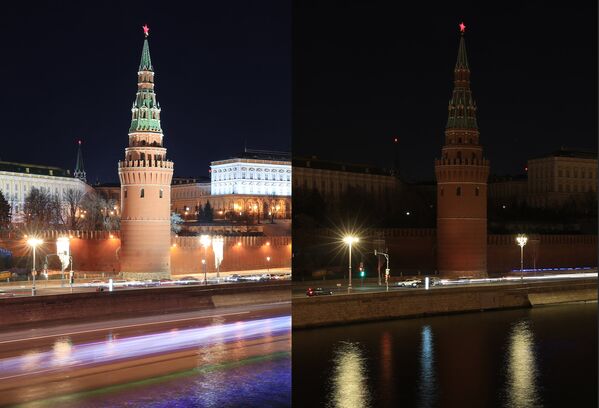 Водовзводная башня Московского Кремля до и после отключения подсветки в рамках экологической акции Час Земли