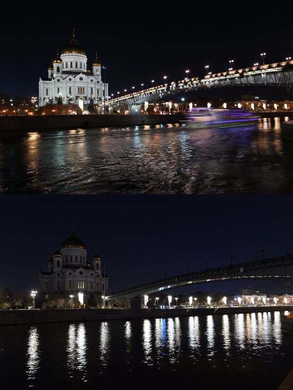 Храм Христа Спасителя и Патриарший мост до и после отключения подсветки в рамках экологической акции Час Земли