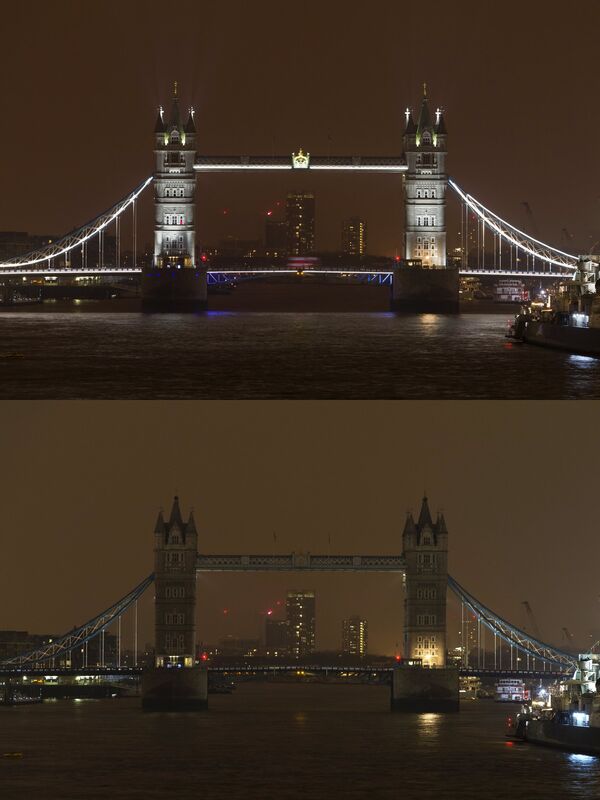 Тауэрский мост до и после отключения подсветки в рамках экологической акции Час Земли в Лондоне
