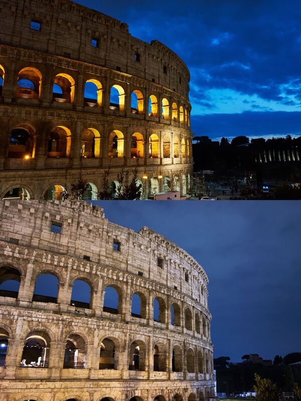 Колизей до и после отключения подсветки в рамках экологической акции Час Земли в Риме