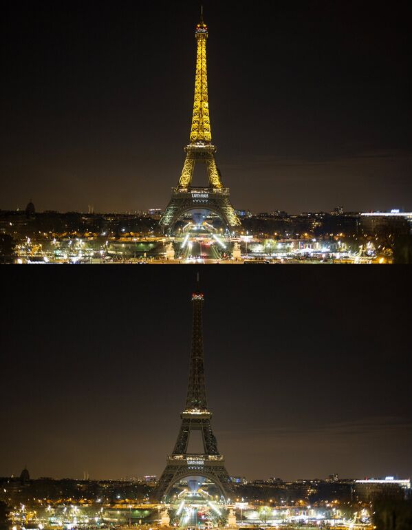Эйфелева башня до и после отключения подсветки в рамках экологической акции Час Земли в Париже
