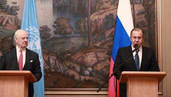 МИД РФ Сергей Лавров и специальный представитель Генерального секретаря ООН по Сирии Стаффан де Мистура во время встречи. 29 марта 2018