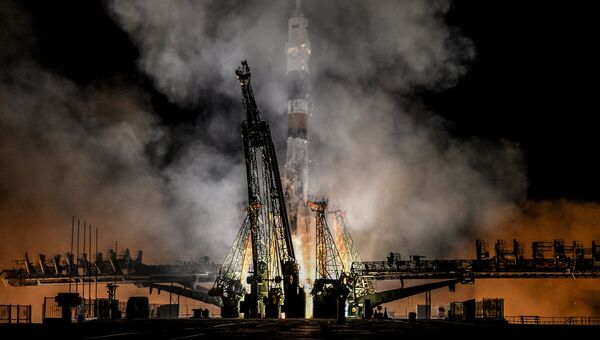 Пуск ракеты-носителя Союз-ФГ с кораблем Союз МС-08 на космодроме Байконур. Архивное фото