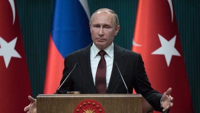 Владимир Путин на пресс-конференции по итогам встречи с президентом Турецкой Республики Реджепом Тайипом Эрдоганом. 3 апреля 2018