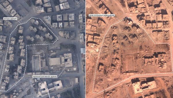 Фотографии аэрофотосъемки, подтверждающие разрушения городских кварталов города Ракки, нанесенных бомбардировками коалиции. 7 апреля 2018