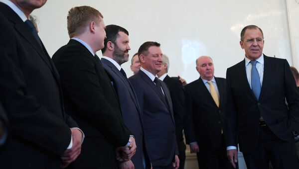 Министр иностранных дел России Сергей Лавров во время встречи с российскими дипломатами в Москве. 9 апреля 2018