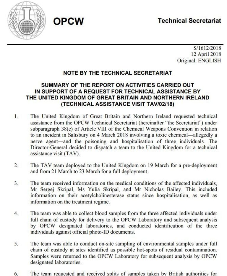 Первая страница отчета экспертов ОЗХО по изучению инцидента в Солсбери Первая страница отчета экспертов ОЗХО по изучению инцидента в Солсбери