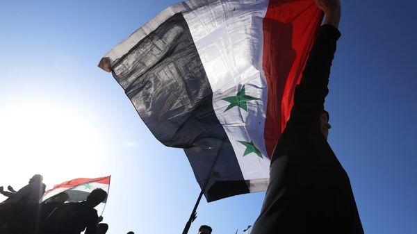 Сирийцы во время демонстрации против воздушных ударов коалиции под командованием США в Дамаске. 14 апреля 2018