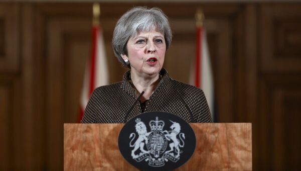 Премьер-министр Великобритании Тереза Мэй примет участие в пресс-конференции в Лондоне. 14 апреля 2018
