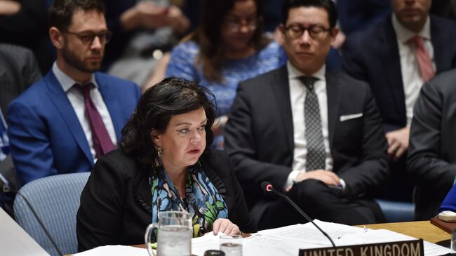 Постпред Великобритании при ООН Карен Пирс на заседании Совета Безопасности ООН в Нью-Йорке. 14 апреля 2018